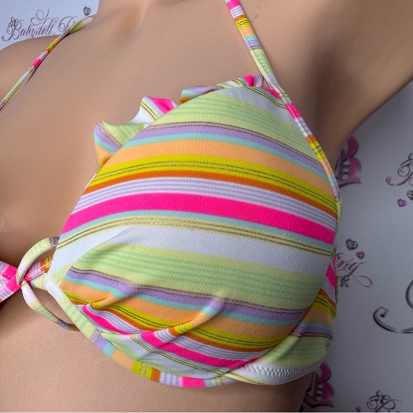 Victoria secret bikini top neon orange pink striped gold shimmer ruffle cupped - Picture 9 of 13